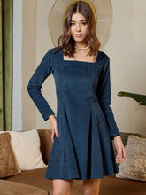 Short Flare Dress With Cut-Out Back In Blue Corduroy
